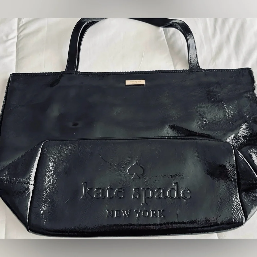 Kate Spade Black Patent Leather Tote Bag, Fully Lined w/3 Interior Pockets - Picture 4 of 12